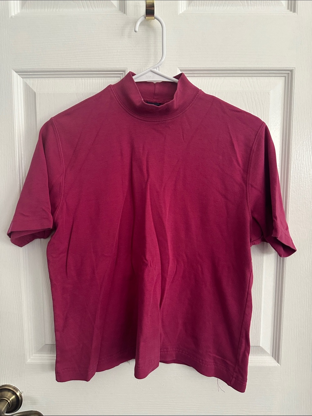 Lands end Cropped Mock Neck Tee in Deep Berry